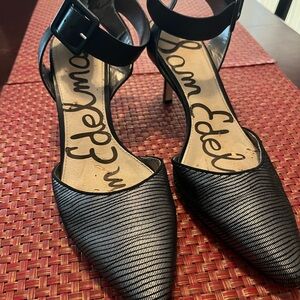 Sam Edelman Black/Silver Textured Pointed-Toe Ankle-Strap Heels with Buckle